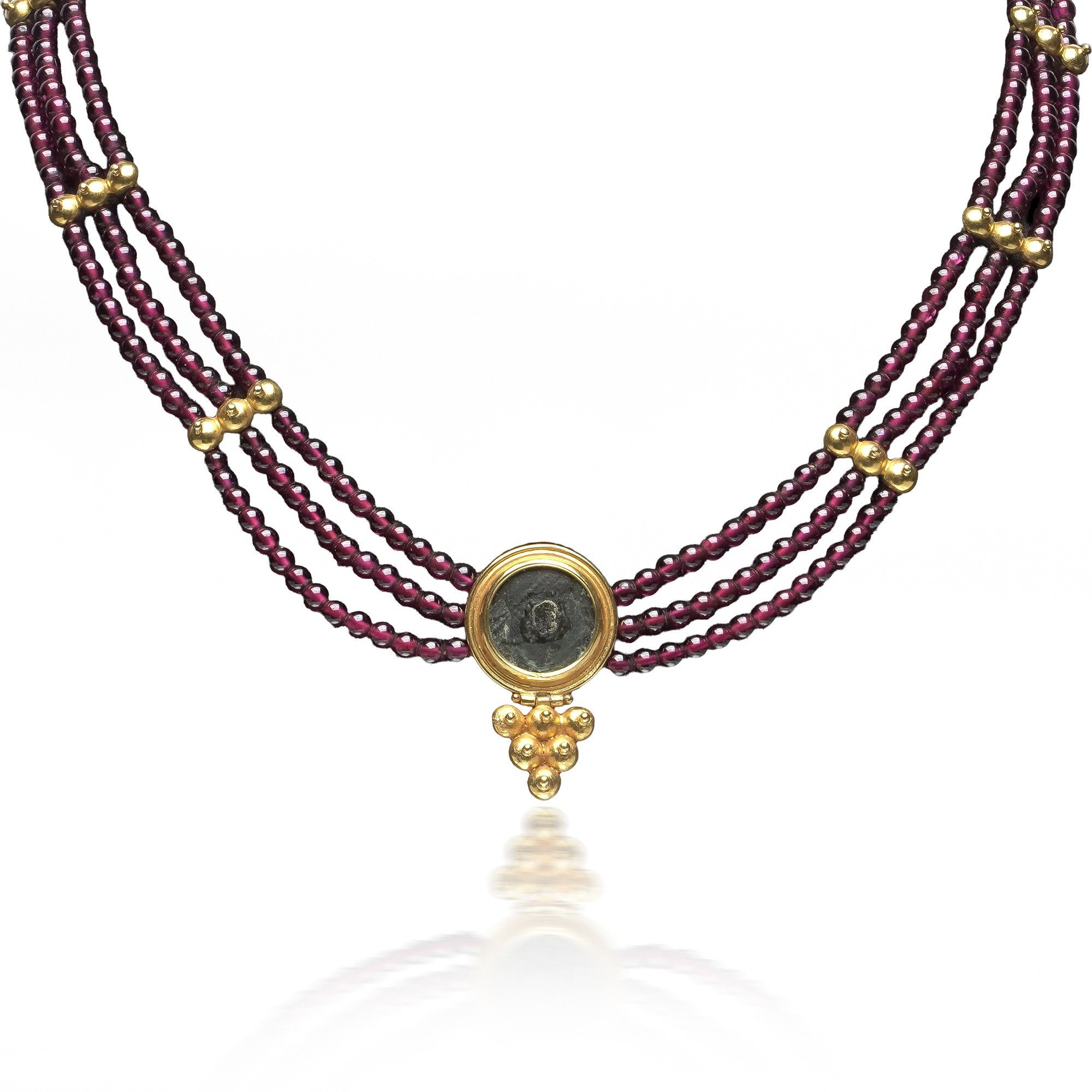 Ancient Roman Coin, Ruby & 20KT Gold Multi Strand Necklace