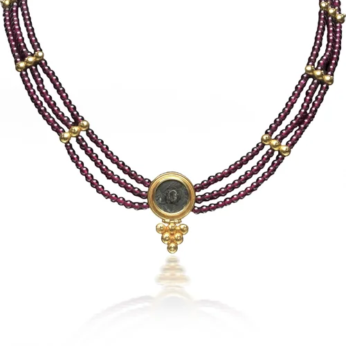 Ancient Roman Coin, Ruby & 20KT Gold Multi Strand Necklace