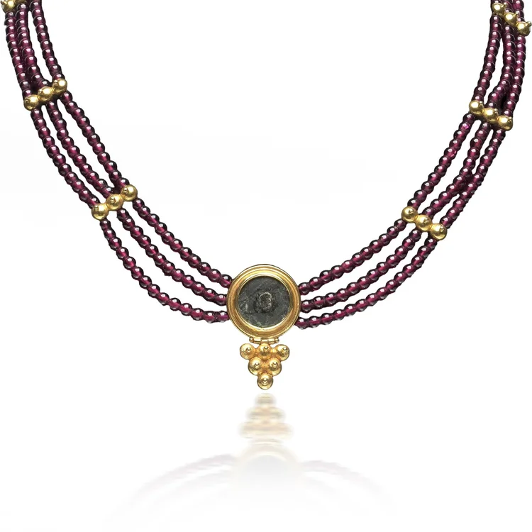 Ancient Roman Coin, Ruby & 20KT Gold Multi Strand Necklace