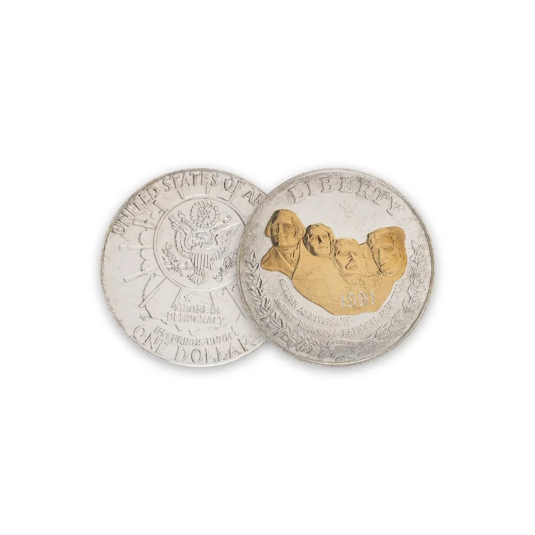 Mount Rushmore Golden Anniversary 1991 Gold Highlighted Silver Dollar, US Commemorative Coin