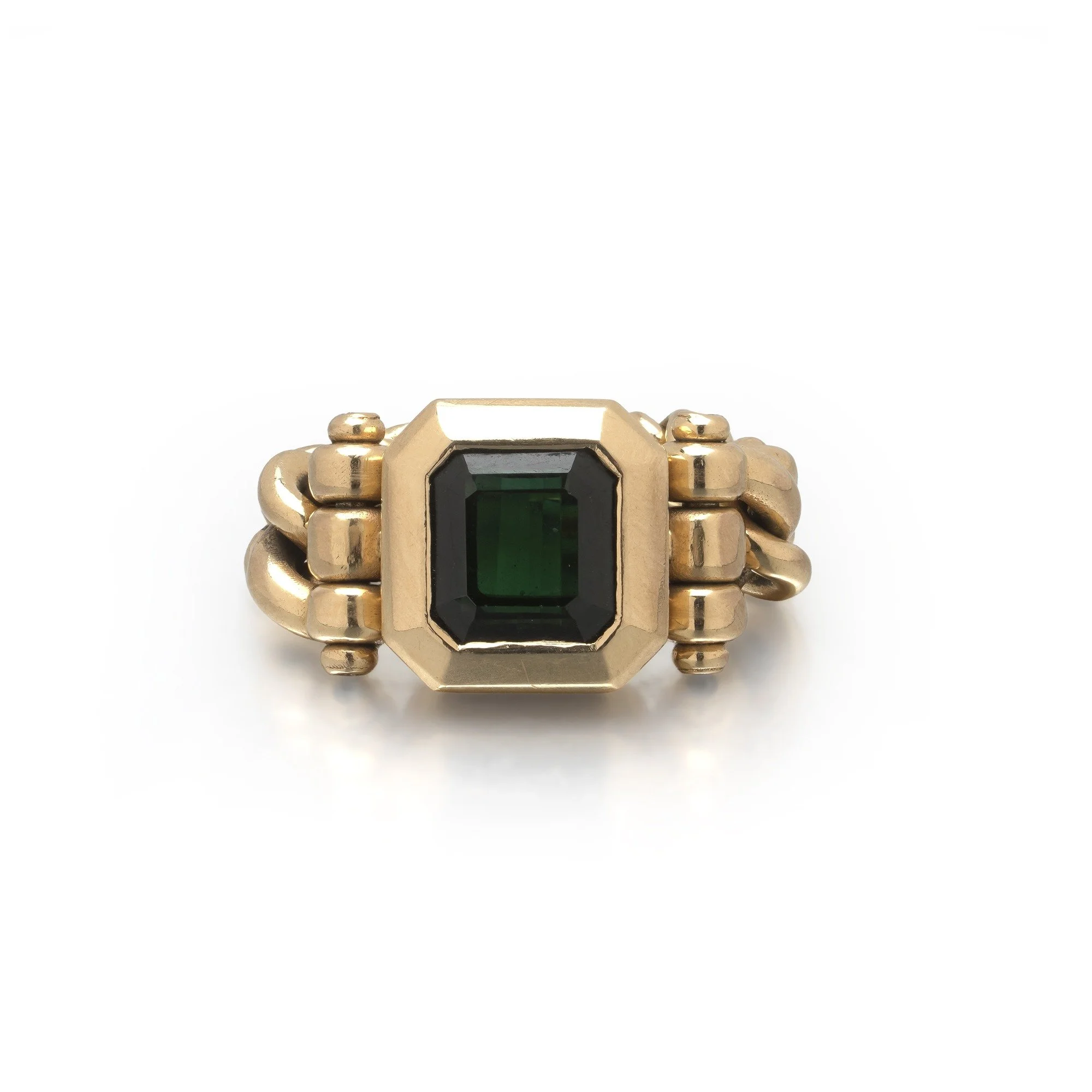Maor 18KT Gold Chain Link Ring, Emerald Cut Green Tourmaline and Diamonds