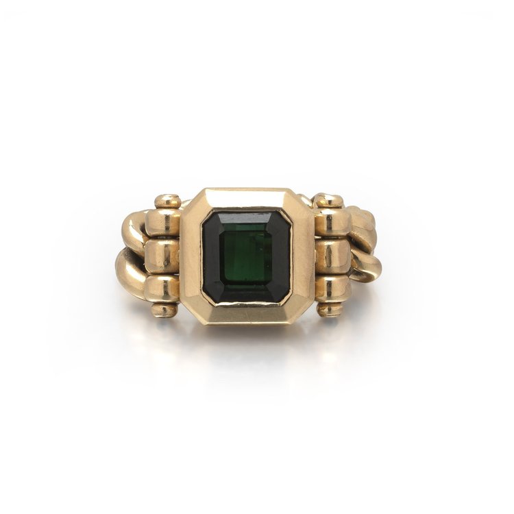 Maor 18KT Gold Chain Link Ring, Emerald Cut Green Tourmaline and Diamonds