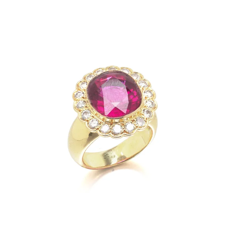 French 18KT Gold Tourmaline and Diamond Ring, Eagle Hallmark