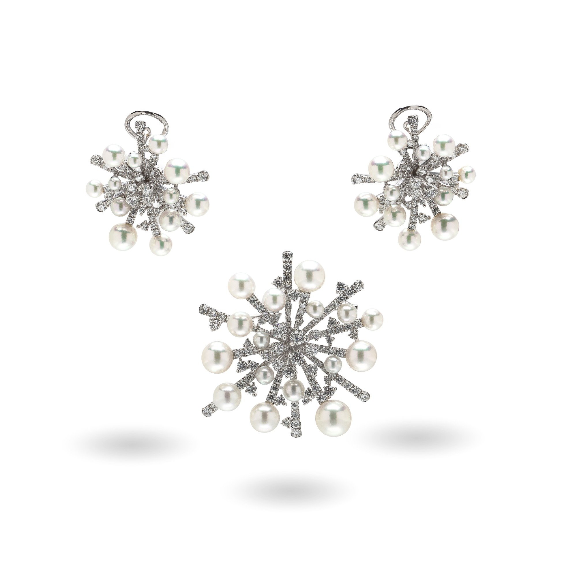 Mikimoto Pearl and Diamond Brooch and Earrings Set, 18KT White Gold