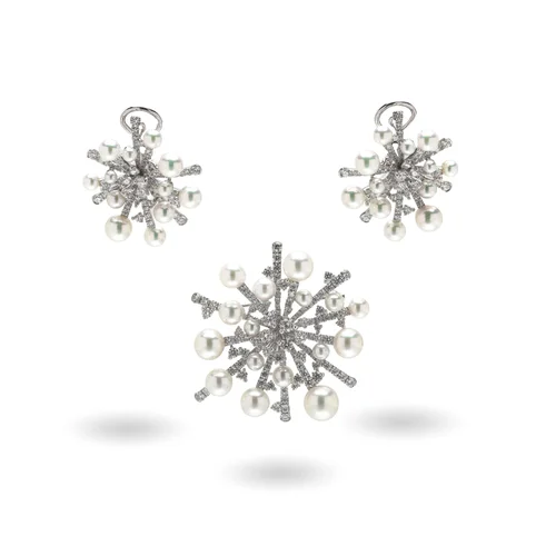 Mikimoto Pearl and Diamond Brooch and Earrings Set, 18KT White Gold