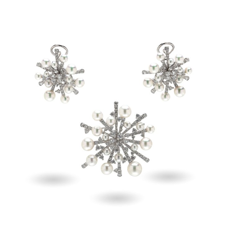 Mikimoto Pearl and Diamond Brooch and Earrings Set, 18KT White Gold