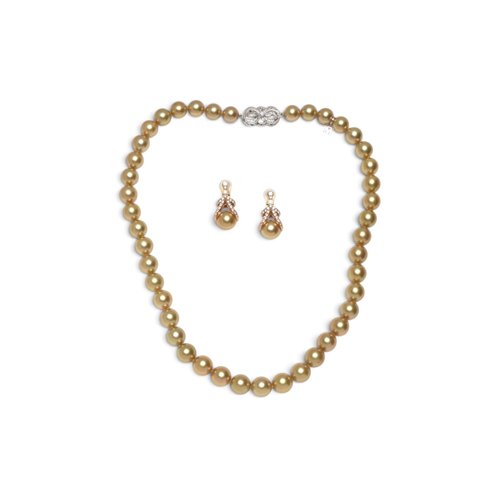 Mikimoto Golden South Sea Pearl Necklace and Earrings Set, Diamonds