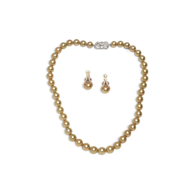 Mikimoto Golden South Sea Pearl Necklace and Earrings Set, Diamonds