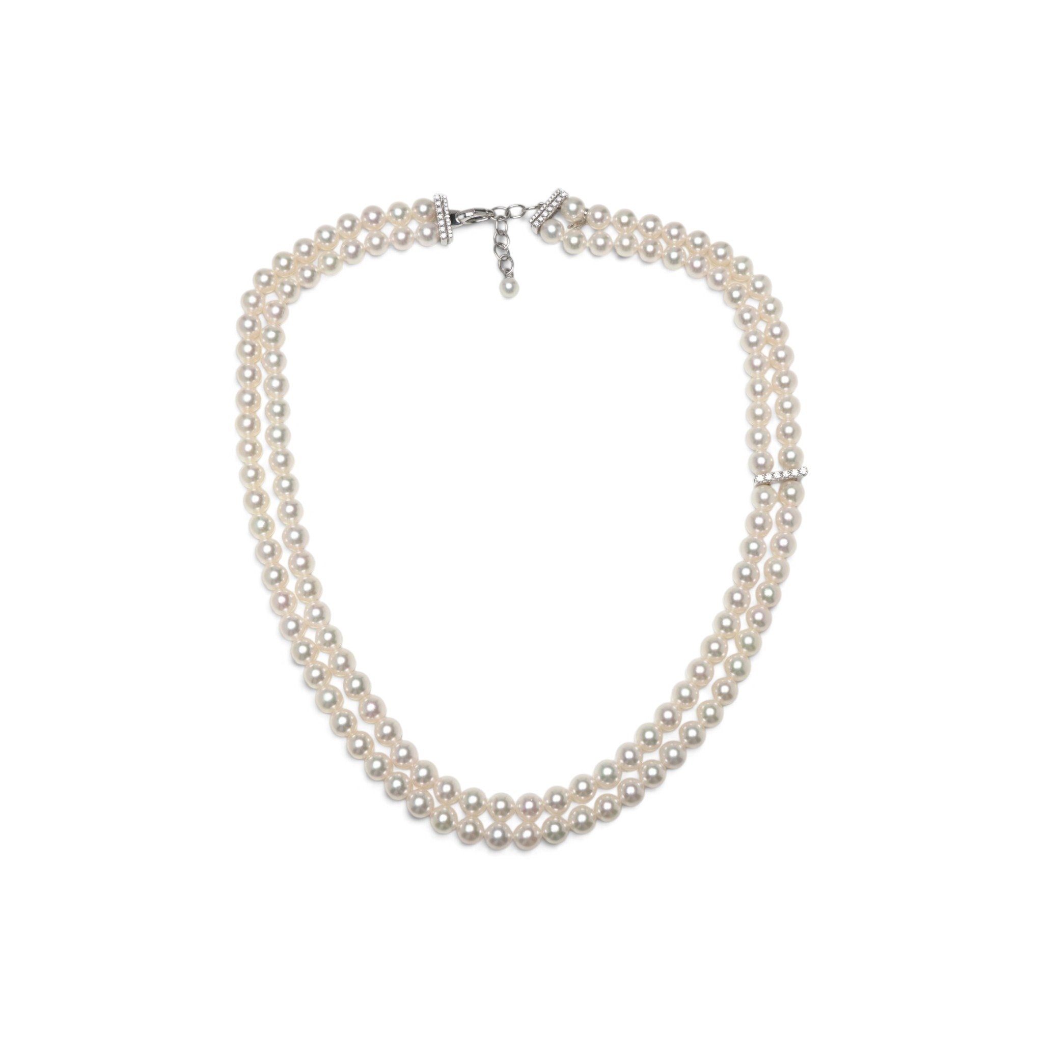 Mikimoto Double Strand Cultured Pearl Necklace, 18KT White Gold and Diamonds