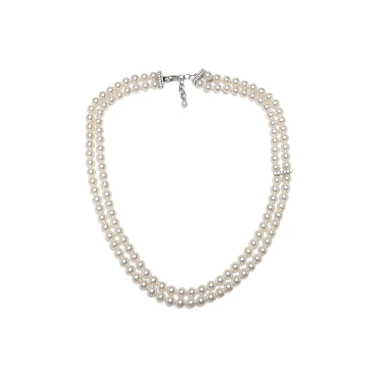Mikimoto Double Strand Cultured Pearl Necklace, 18KT White Gold and Diamonds