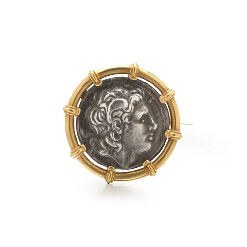 Carlo Giuliano 22KT Gold Brooch, Greek Silver Tetradrachm of Lysimachos