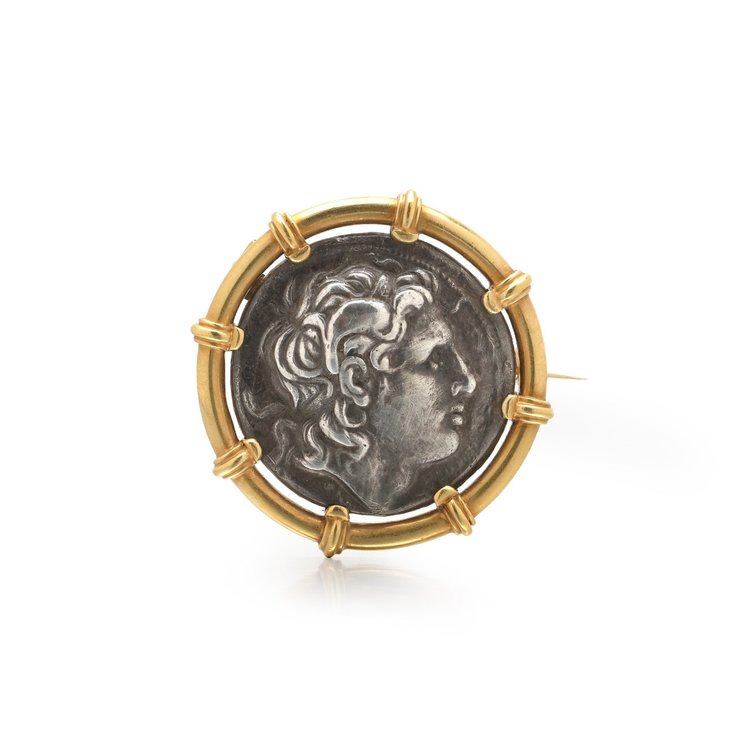 Carlo Giuliano 22KT Gold Brooch, Greek Silver Tetradrachm of Lysimachos