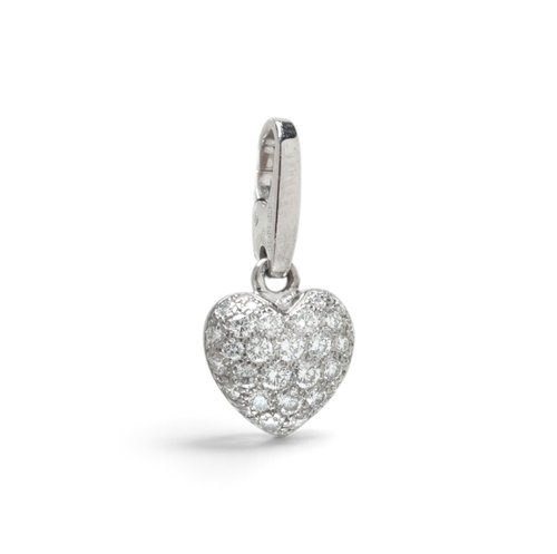 Cartier 18KT White Gold Pave Diamond Heart Charm Pendant, Signed