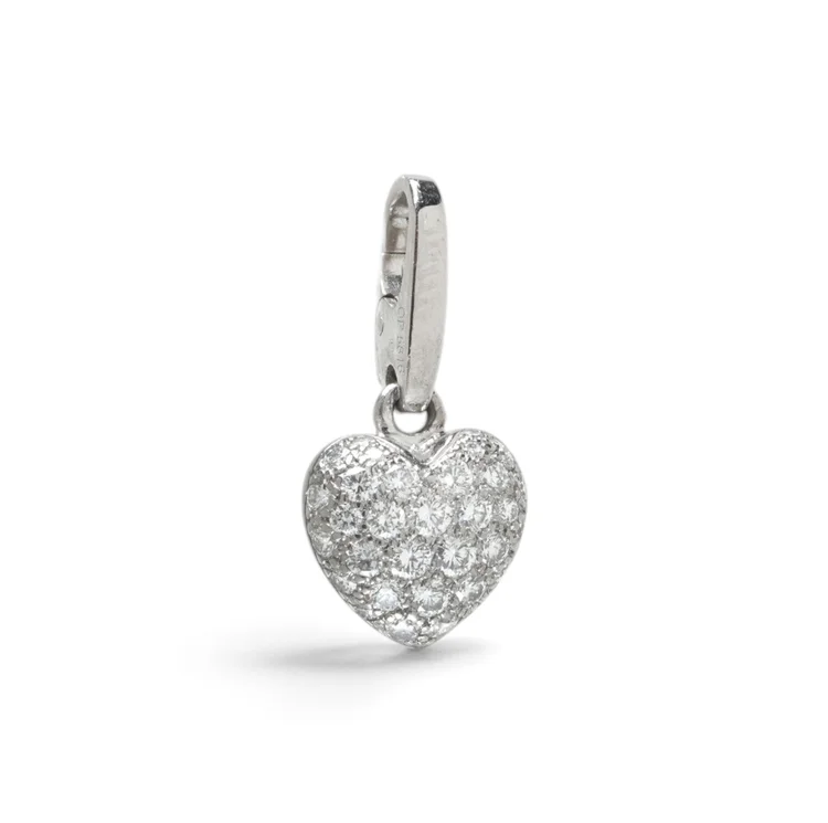 Cartier 18KT White Gold Pave Diamond Heart Charm Pendant, Signed