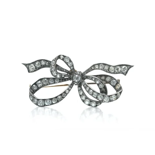 Victorian Old Cut Diamond Ribbon Bow Brooch, 4.00 ct, Silver Upon 9KT Gold