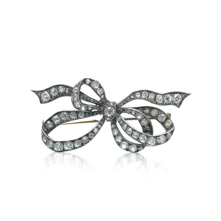 Victorian Old Cut Diamond Ribbon Bow Brooch, 4.00 ct, Silver Upon 9KT Gold