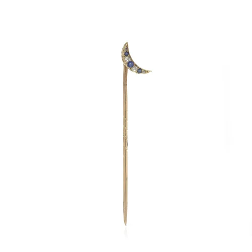 Victorian 15KT Gold Sapphire and Diamond Crescent Stick Pin, 1880s