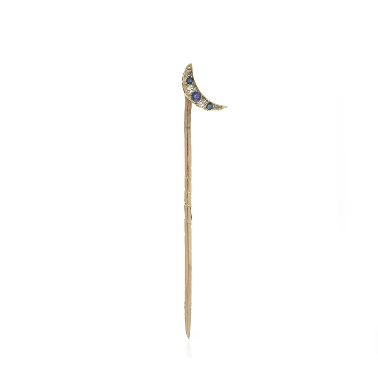 Victorian 15KT Gold Sapphire and Diamond Crescent Stick Pin, 1880s
