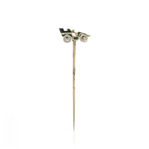 Antique 18KT Gold and Green Enamel Veteran Motor Car Stick Pin, Circa 1900