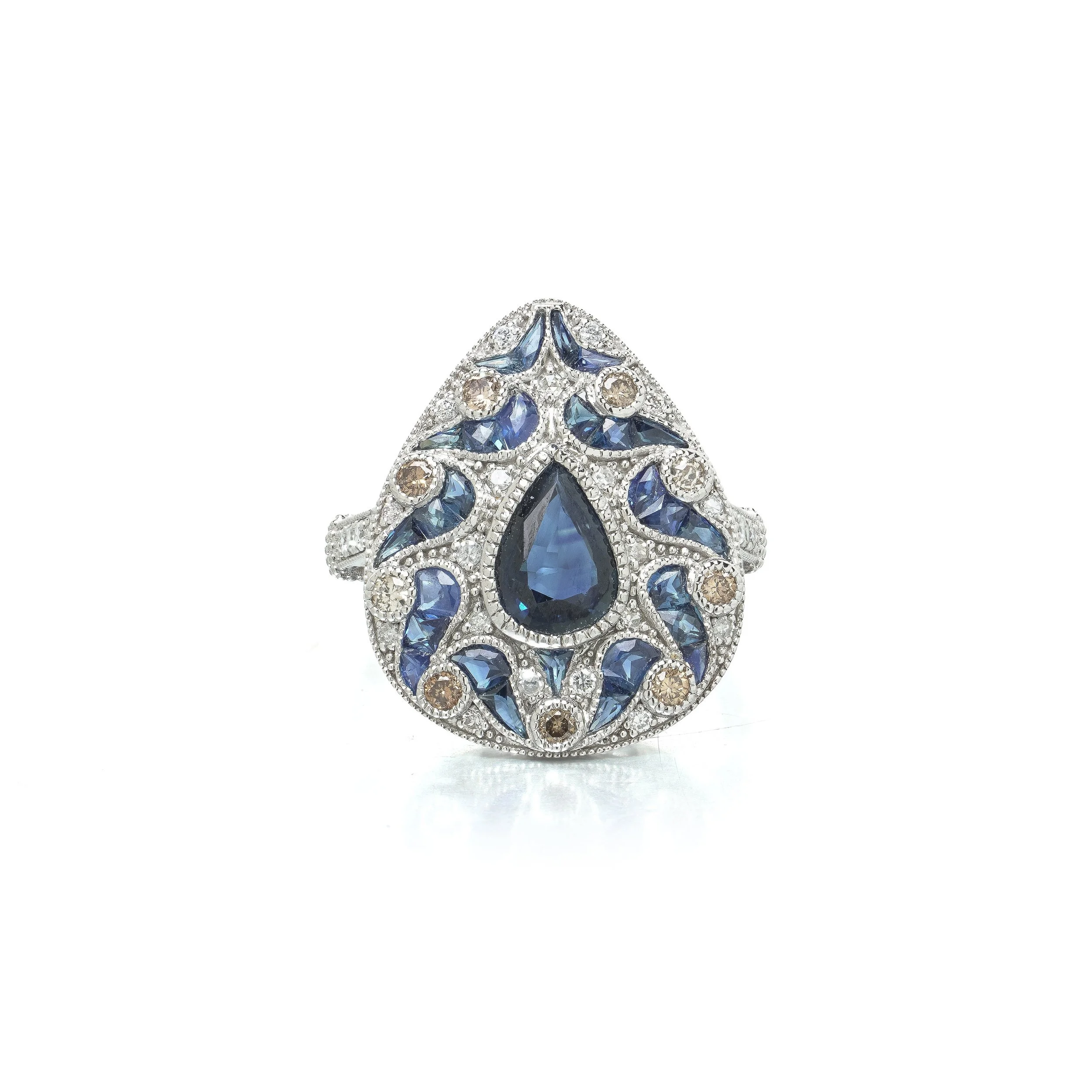 Art Deco Style Platinum Sapphire and Diamond Pear Cluster Ring, 0.88 ct Sapphire