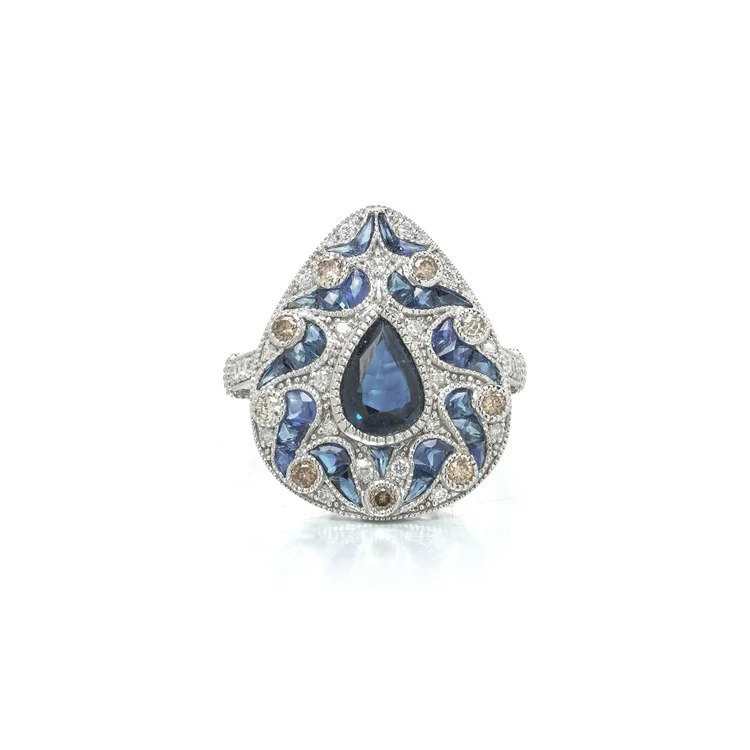 Art Deco Style Platinum Sapphire and Diamond Pear Cluster Ring, 0.88 ct Sapphire