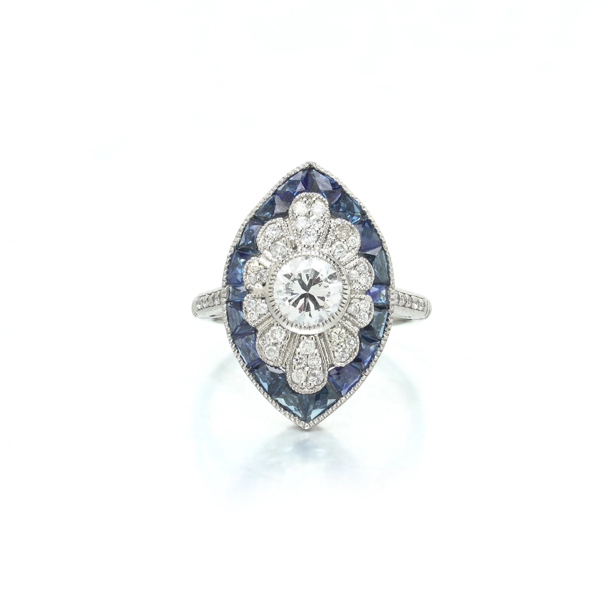 Art Deco Style Platinum 1.00 ct Diamond Navette Ring, Calibre Sapphire Border