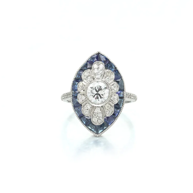 Art Deco Style Platinum 1.00 ct Diamond Navette Ring, Calibre Sapphire Border