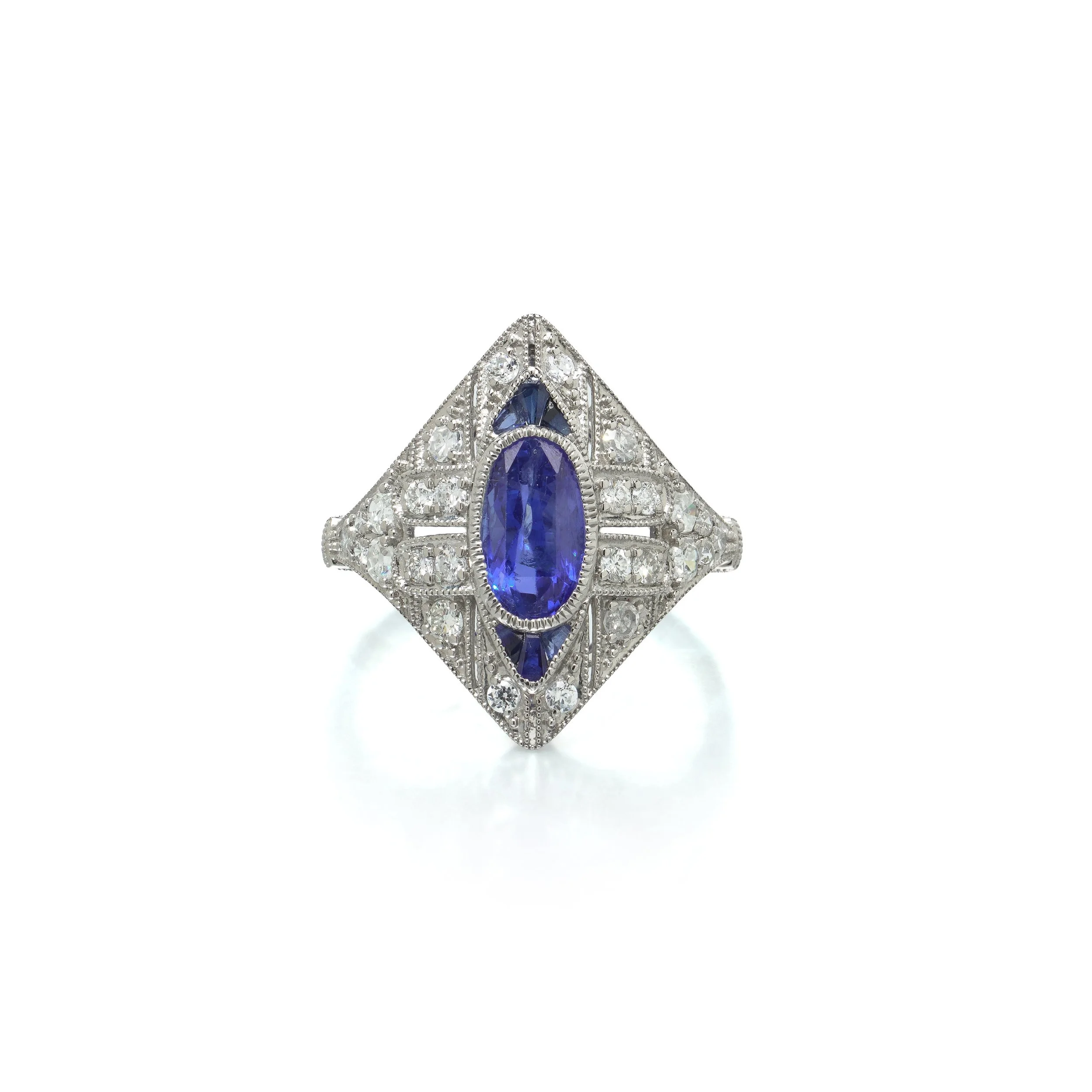 Art Deco Style Platinum 1.84 ct Sapphire and Diamond Lozenge Ring