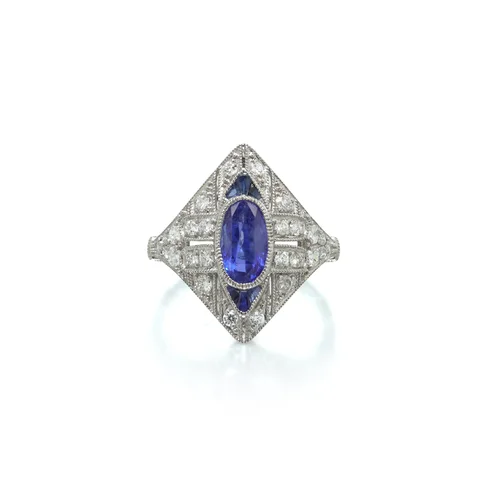 Art Deco Style Platinum 1.84 ct Sapphire and Diamond Lozenge Ring