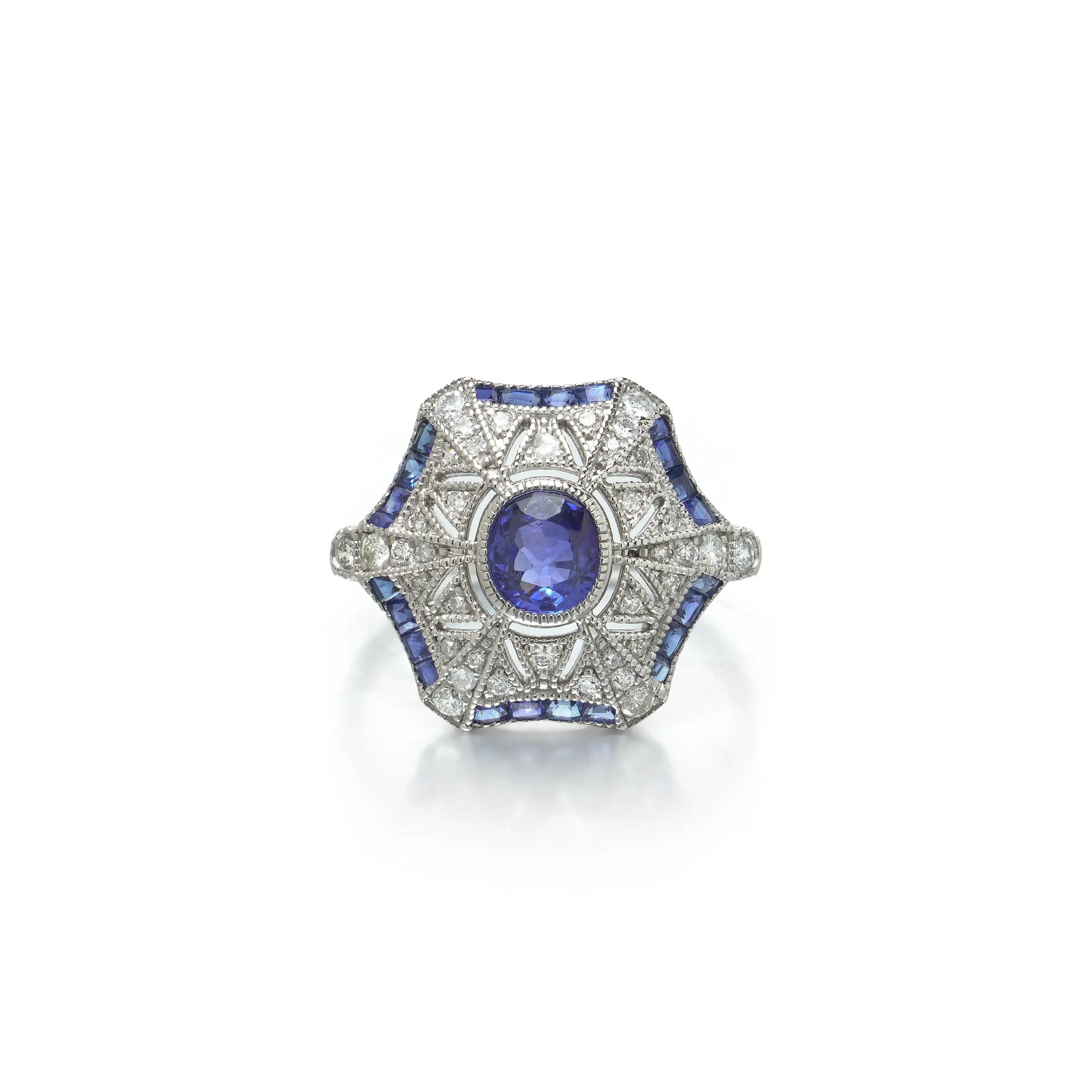 Art Deco Style Platinum Sapphire and Diamond Hexagonal Star Ring