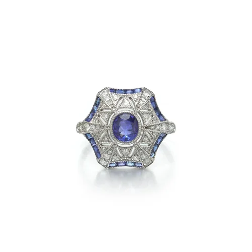 Art Deco Style Platinum Sapphire and Diamond Hexagonal Star Ring