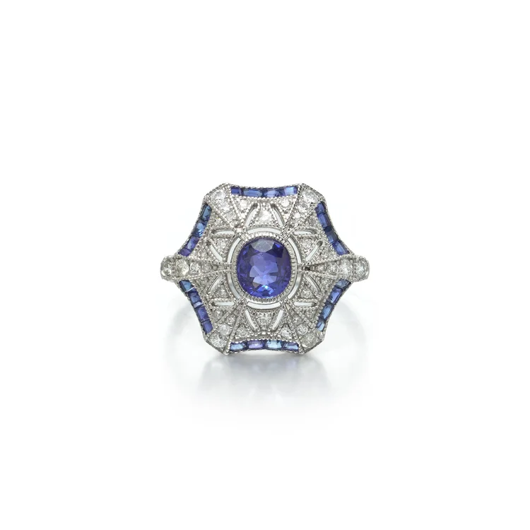 Art Deco Style Platinum Sapphire and Diamond Hexagonal Star Ring