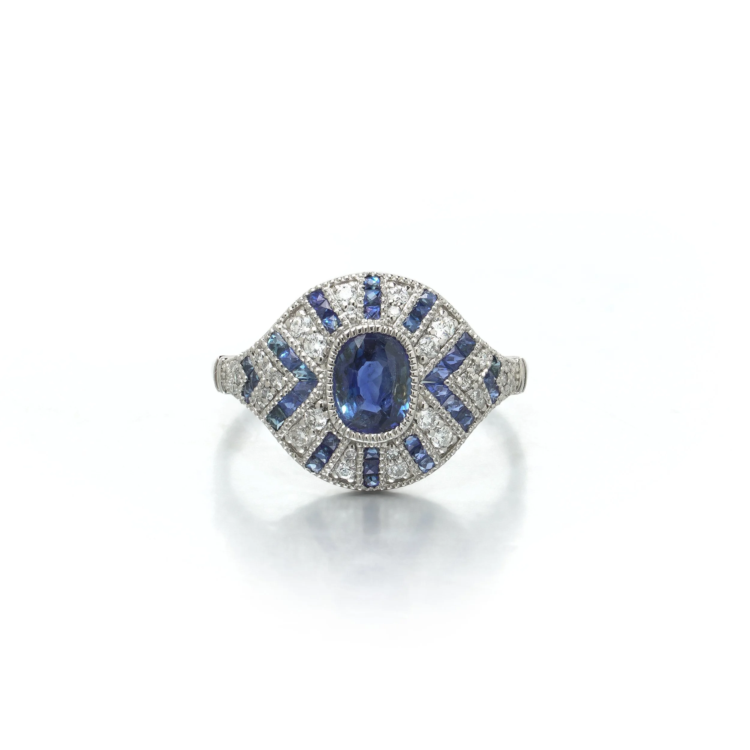 Art Deco Style Platinum Sapphire and Diamond Navette Ring, Rayed Setting