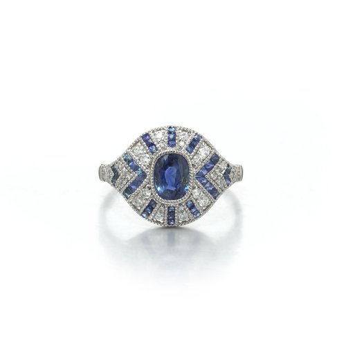 Art Deco Style Platinum Sapphire and Diamond Navette Ring, Rayed Setting