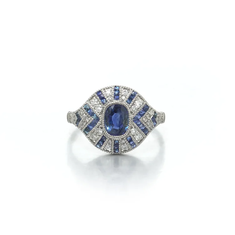 Art Deco Style Platinum Sapphire and Diamond Navette Ring, Rayed Setting
