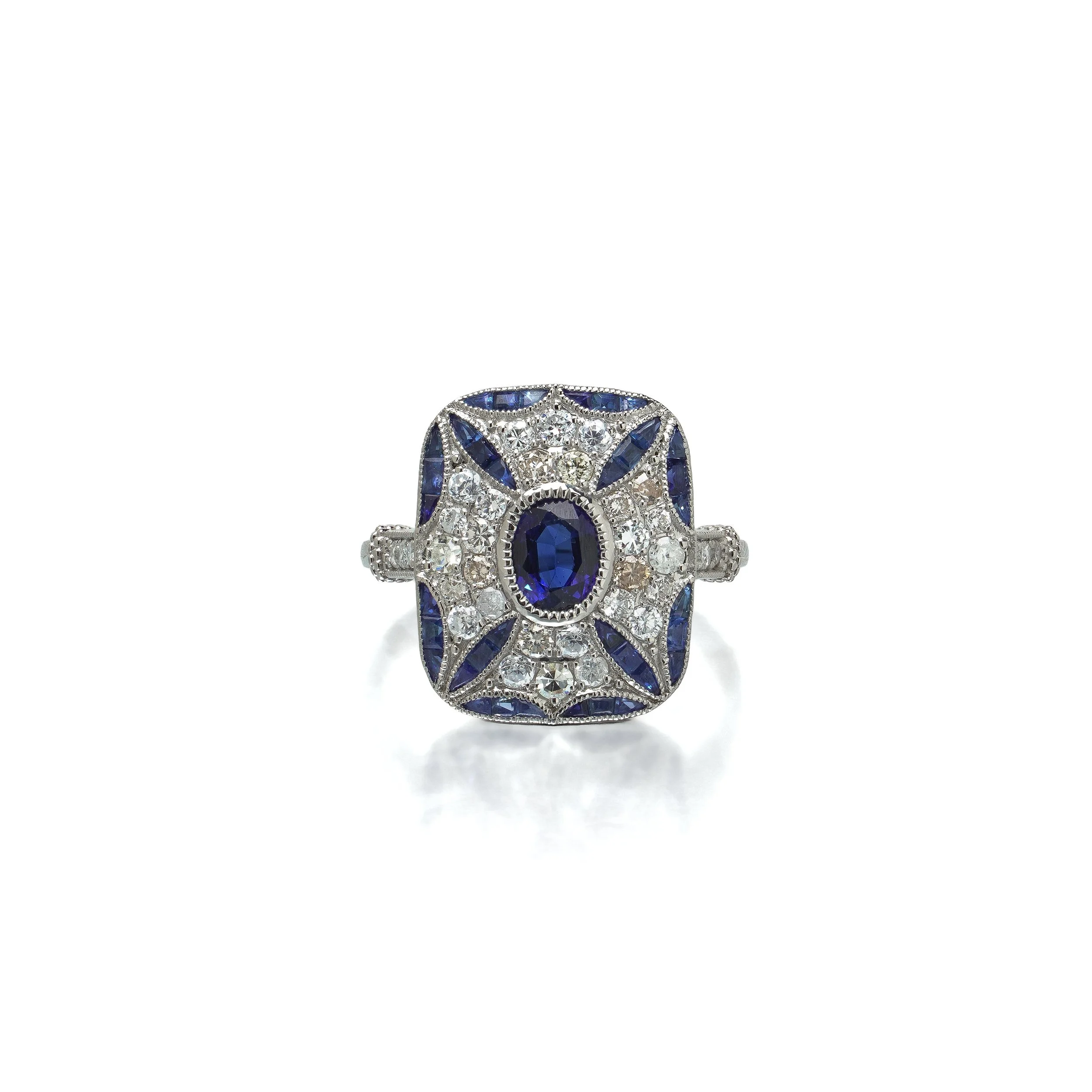 Art Deco Style Platinum Sapphire and Diamond Cushion Plaque Ring, 0.66 ct Diamonds