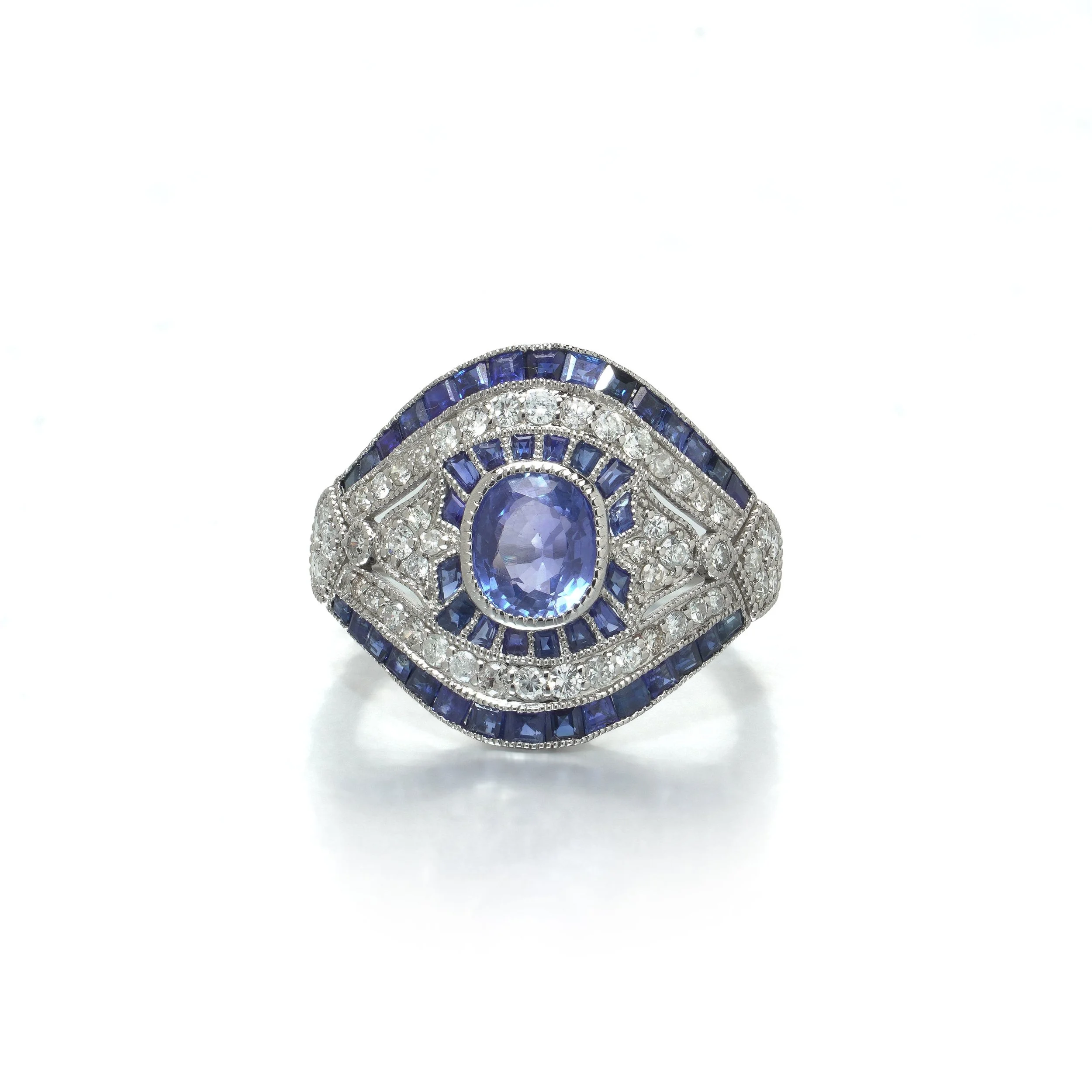 Art Deco Style Platinum 1.09 ct Sapphire and Diamond Bombe Navette Ring