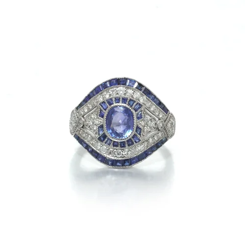 Art Deco Style Platinum 1.09 ct Sapphire and Diamond Bombe Navette Ring