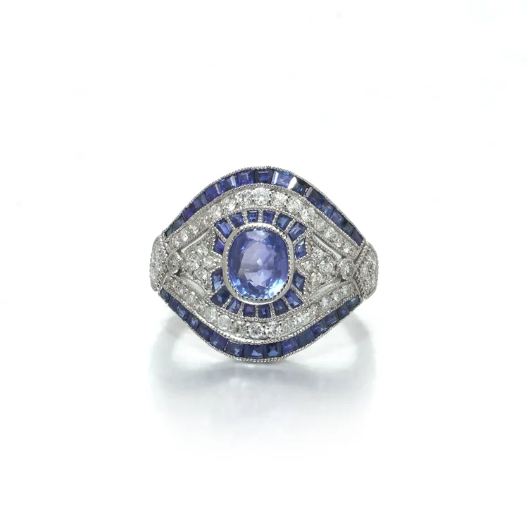Art Deco Style Platinum 1.09 ct Sapphire and Diamond Bombe Navette Ring