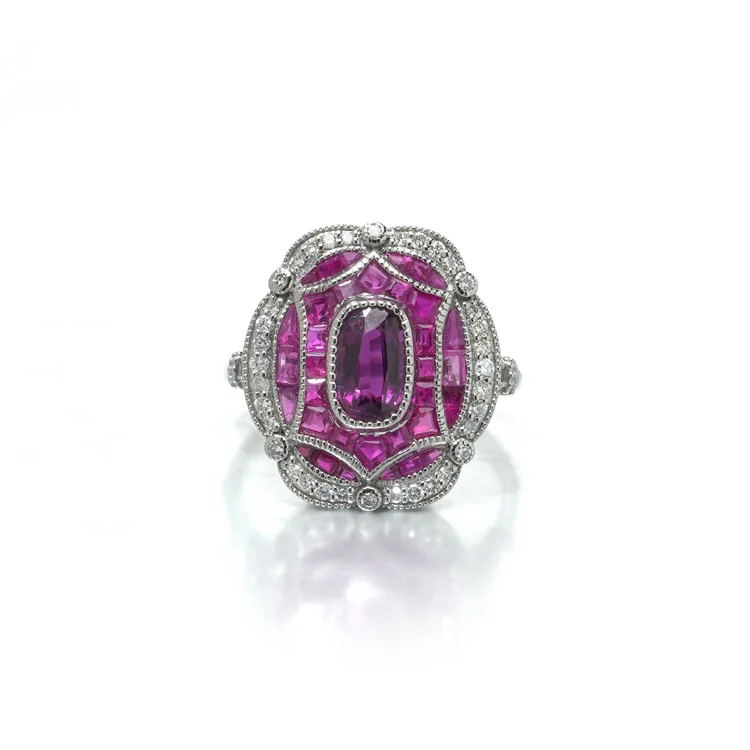 Art Deco Style Platinum Burmese Ruby and Diamond Plaque Ring, 1.09 ct Ruby