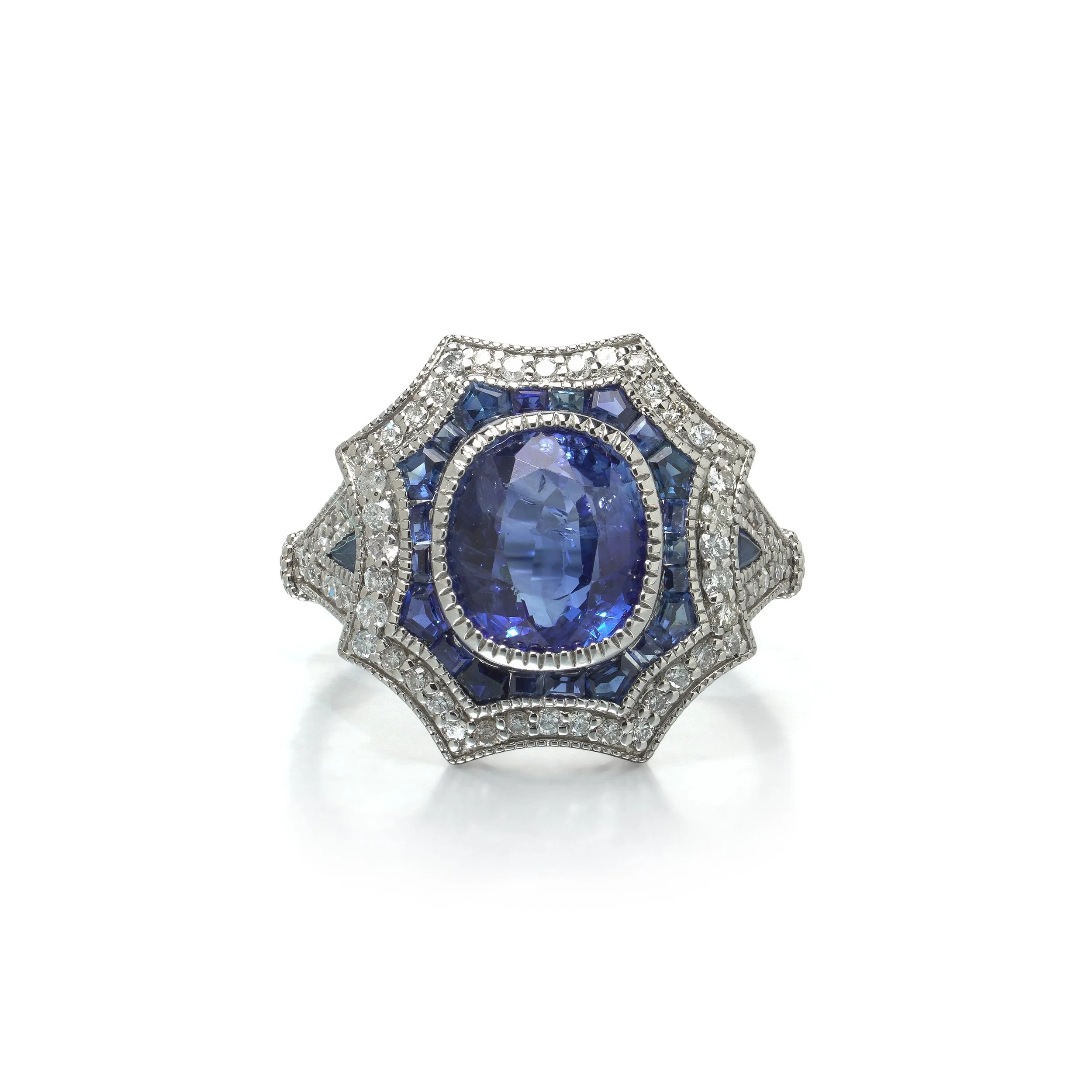 Art Deco Style Platinum 2.56 ct Sapphire and Diamond Shield Ring