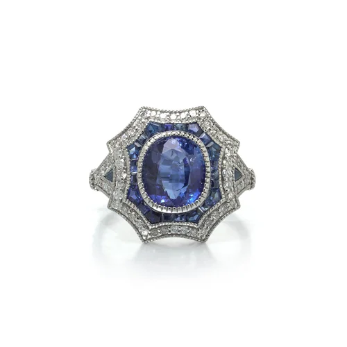 Art Deco Style Platinum 2.56 ct Sapphire and Diamond Shield Ring