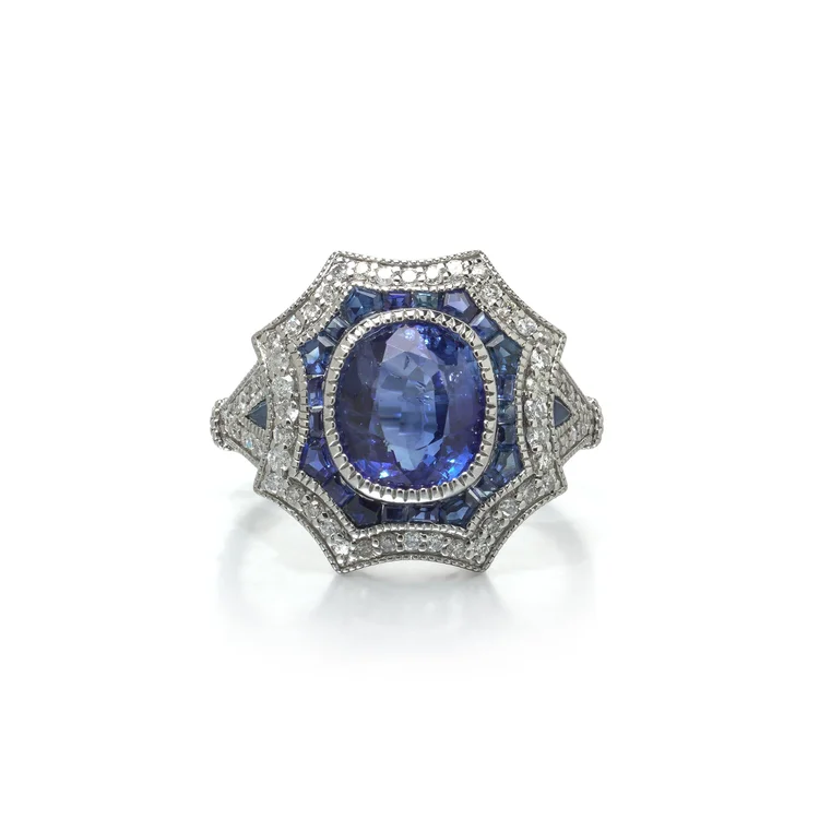 Art Deco Style Platinum 2.56 ct Sapphire and Diamond Shield Ring