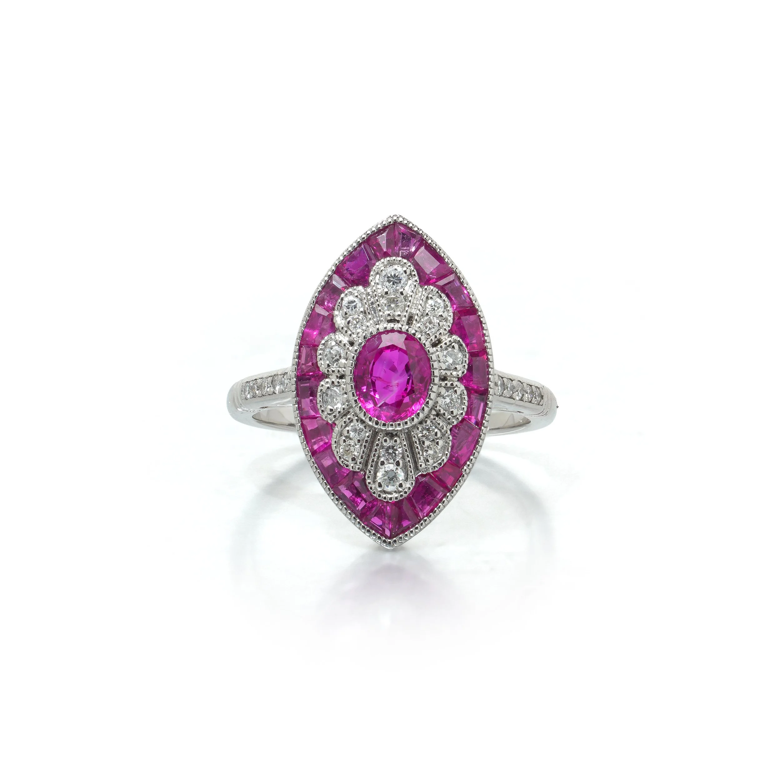Art Deco Style Platinum Burmese Ruby and Diamond Navette Ring