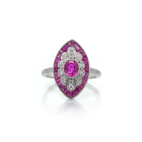 Art Deco Style Platinum Burmese Ruby and Diamond Navette Ring