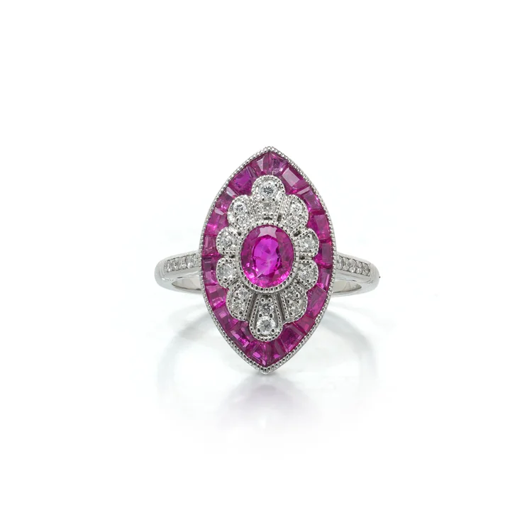 Art Deco Style Platinum Burmese Ruby and Diamond Navette Ring