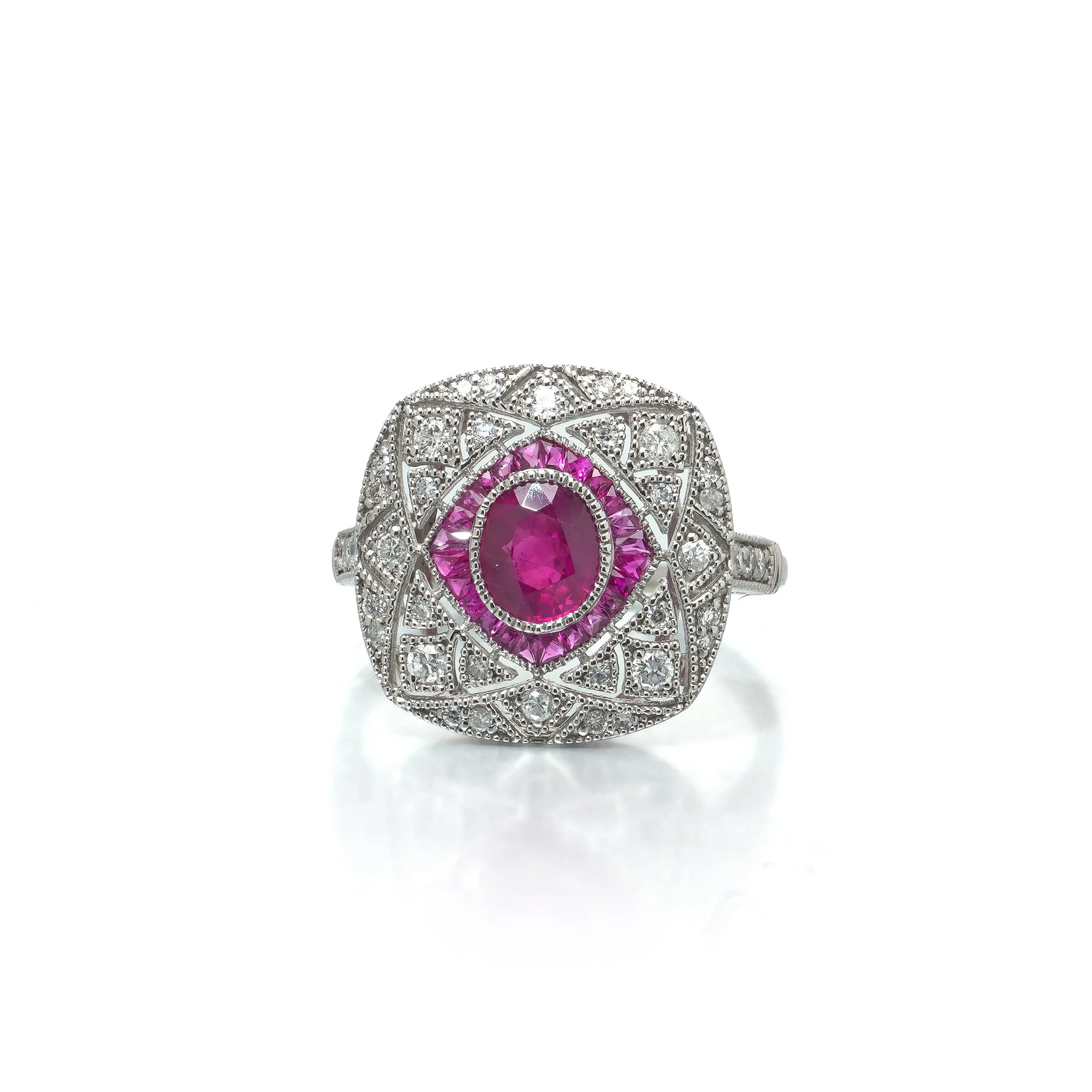 Art Deco Style Platinum Burmese Ruby and Diamond Cushion Plaque Ring