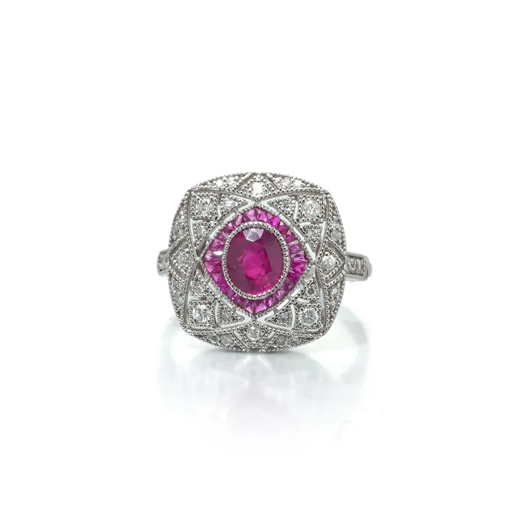 Art Deco Style Platinum Burmese Ruby and Diamond Cushion Plaque Ring