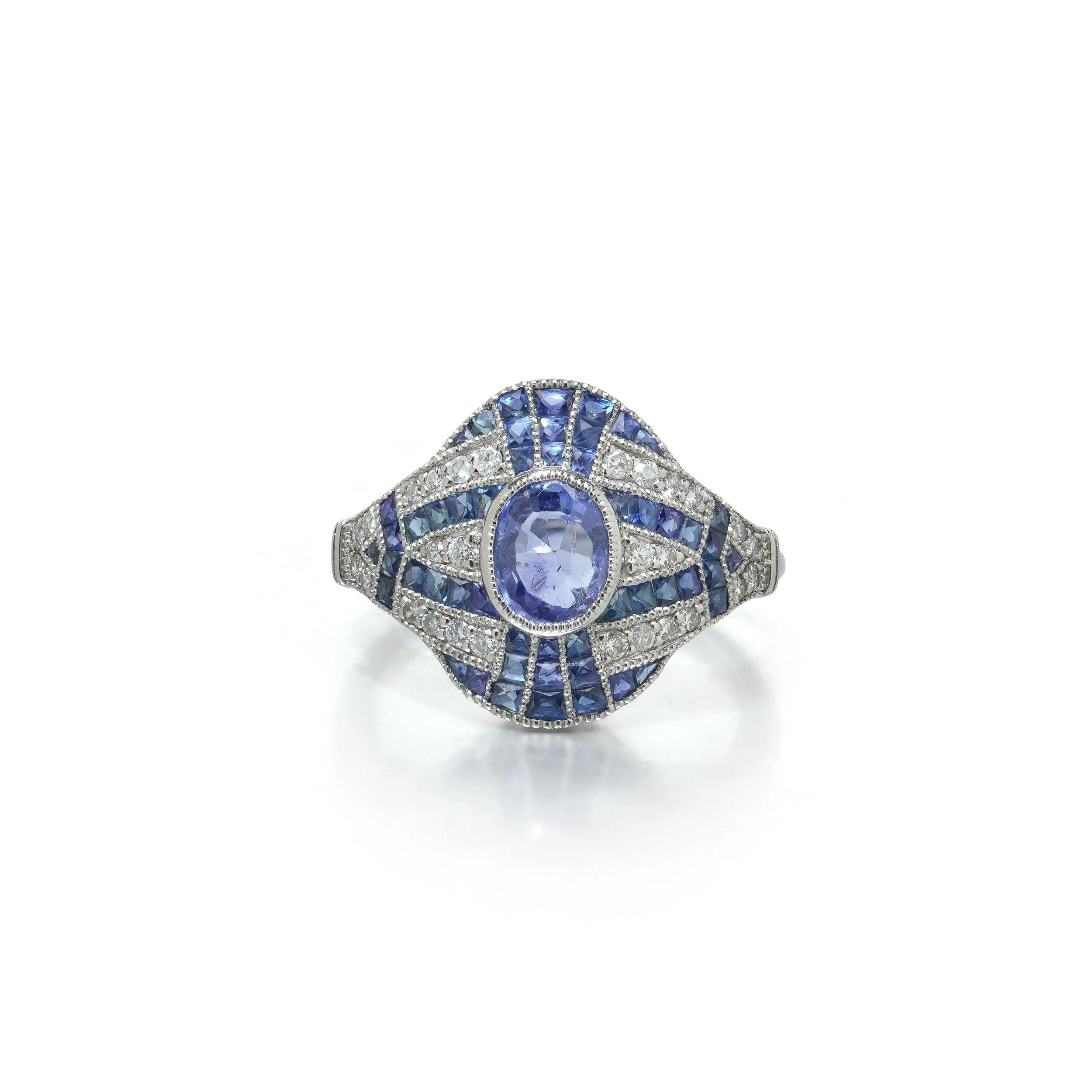 Art Deco Style Platinum Sapphire and Diamond Navette Ring, Banded Setting