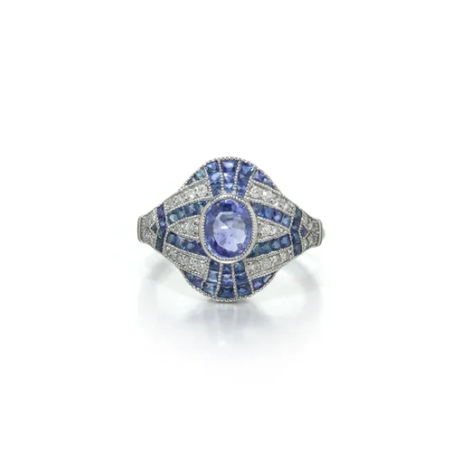Art Deco Style Platinum Sapphire and Diamond Navette Ring, Banded Setting